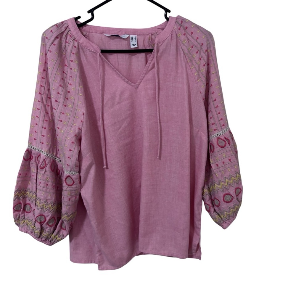 Canyon retreat Light Pink Embroidered Aztec boho print balloon sleeve blouse S